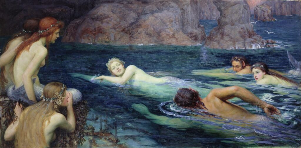 Cuadro que describe un grupo de tritones y sirenas nadando en el mar.