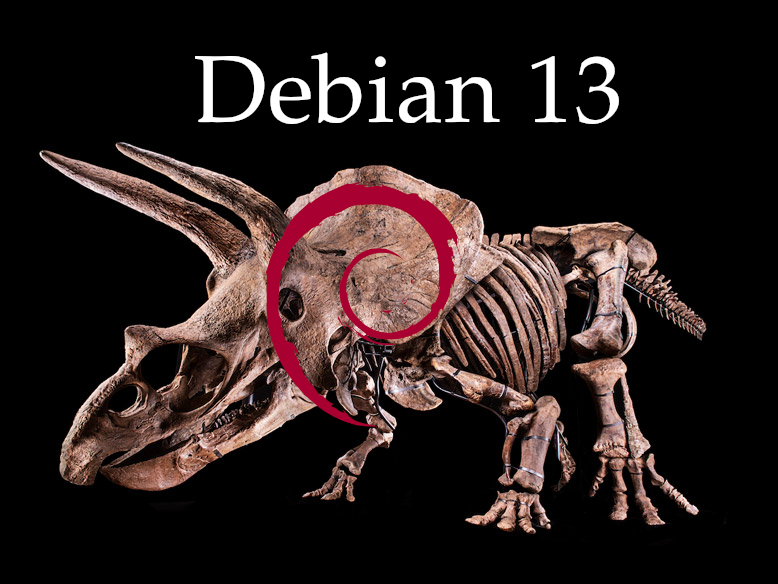 El esqueleto de un triceratops con el logo de debian.