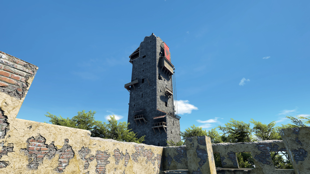 La Torre Alta se muestra como una torre en ruinas, con algunas estructuras de madera anexas semejantes a balcones y miradores.
