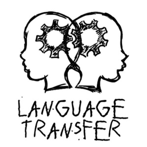 Logo de language transfer. Dos cabezas esquematizadas unidas por la parte trasera, uniéndose dos engranajes en el interior.