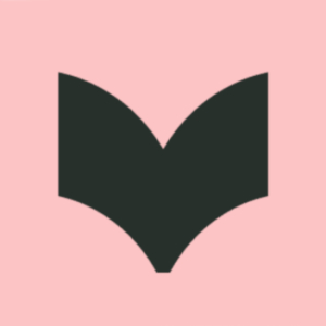 Logo, silueta de libro negro abierto sobre fondo pastel.