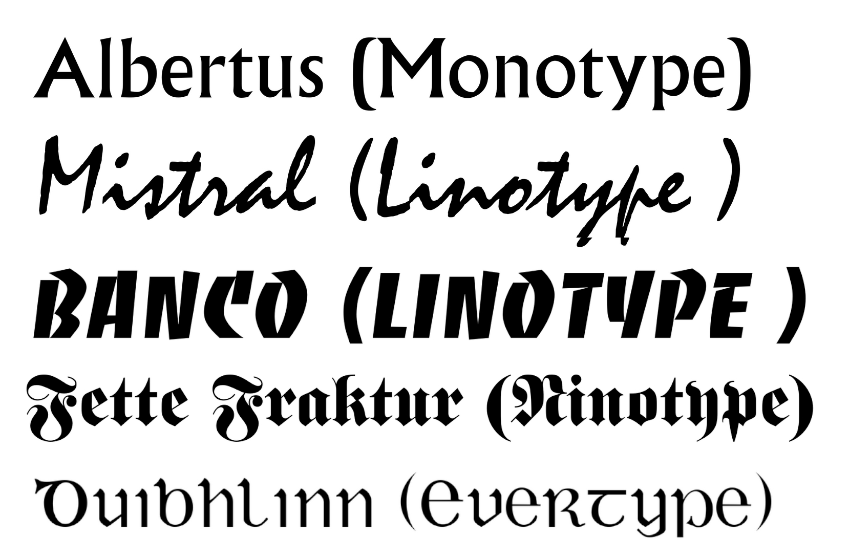 Ejemplos: Albertus (Monotype), Mistral (Linotype), Banco (Linotype), Fette Fraktur (Linotype) y Duibhlinn (Evertype)